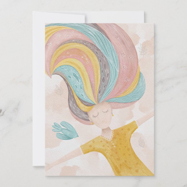 Carte Aquarelle mignonne fille de dessin animé. Imaginai (Devant)