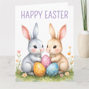 Carte Aquarelle mignonne lapins de Pâques heureux Pâques
