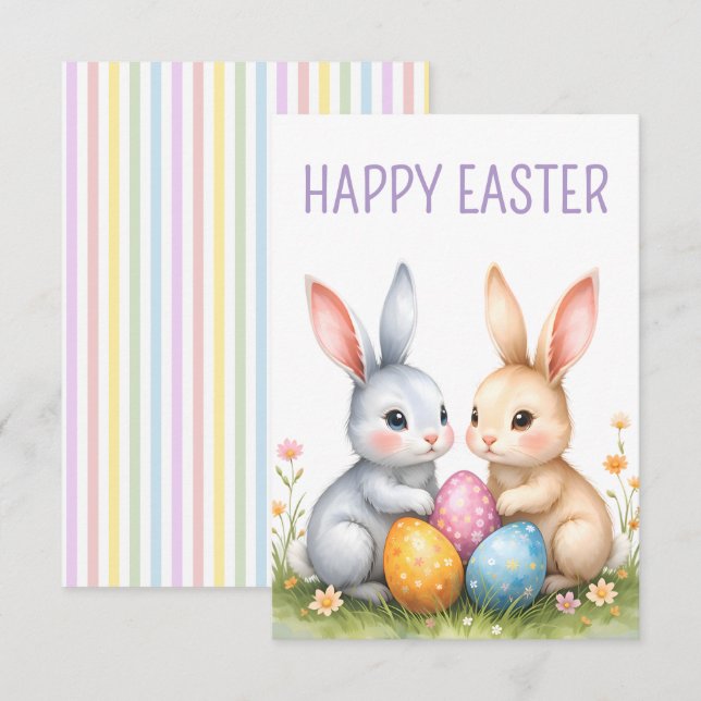 Carte Aquarelle mignonne lapins de Pâques heureux Pâques (Devant / Derrière)