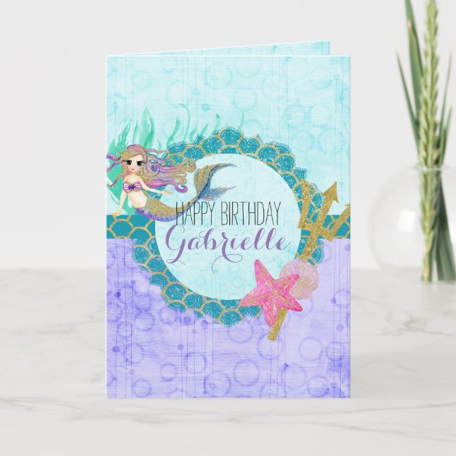 Carte Aquarelle mignonne sirène Turquoise mauve fille An (Devant)