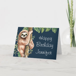 Carte Aquarelle mignonne Sloth & Feuilles tropicaux Anni