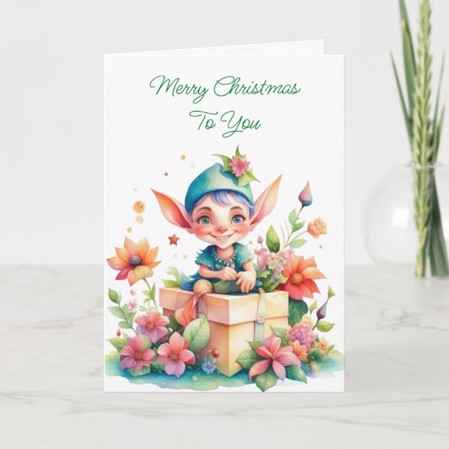 Carte Aquarelle mignonne Whimsical Elf de Noël (Devant)