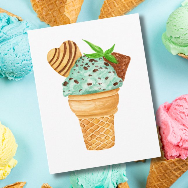 Carte Aquarelle Mint Chocolat Chip Crème de glace Annive (Créateur téléchargé)