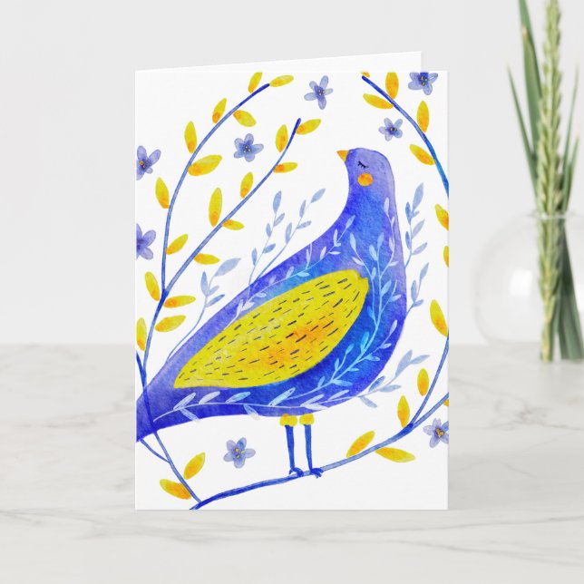 Carte Aquarelle moderne Bleu et Jaune Oiseau Art (Devant)