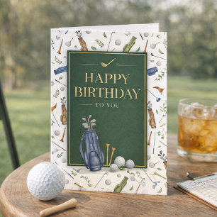 Carte Aquarelle motif de golf bleu vert Joyeux Anniversa