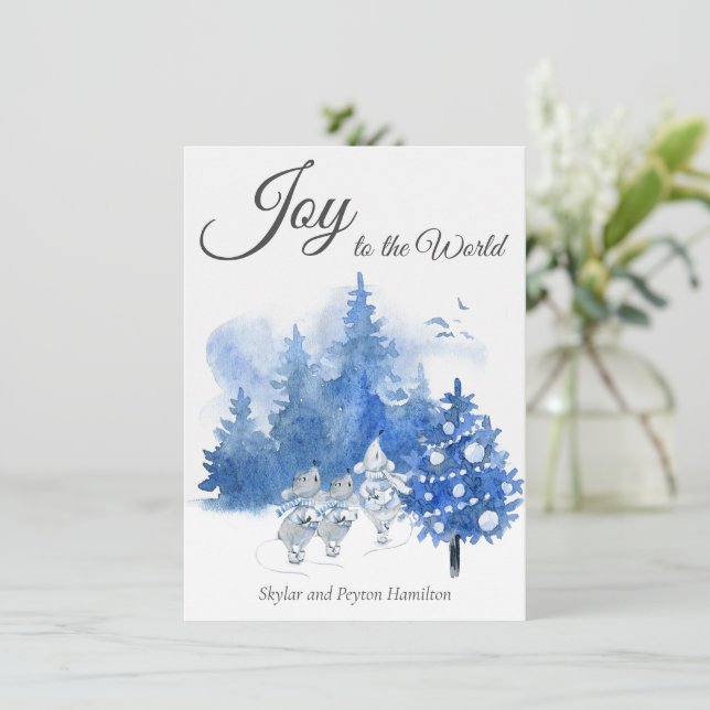 Carte Aquarelle Noël Bleu Élégant Chanteur souris (Debout devant)