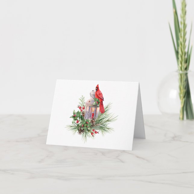 Carte Aquarelle Noël Cardinal rouge et baies (Devant)