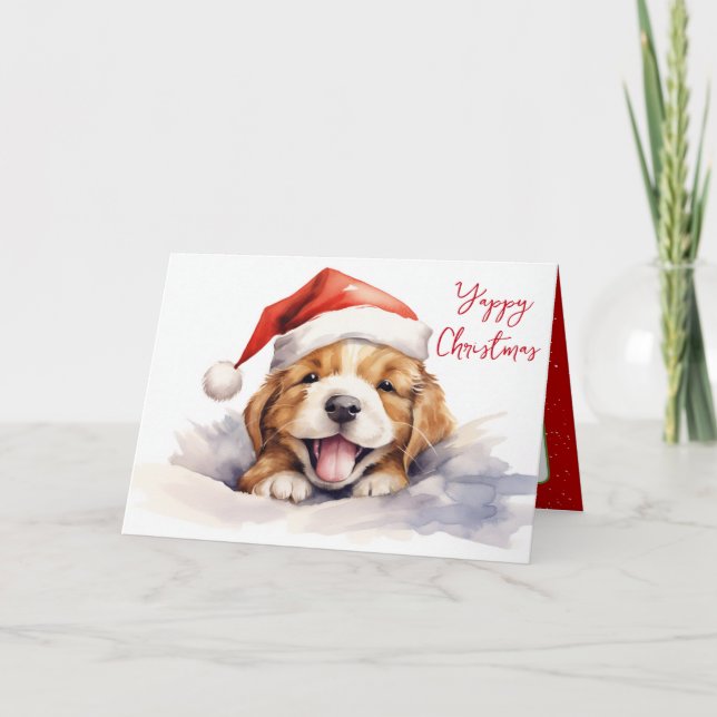 Carte Aquarelle Noël Chiot avec Casquette (Devant)