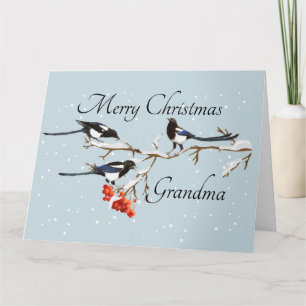 Carte Aquarelle Noël Holly Magpie Bird Grand-mère