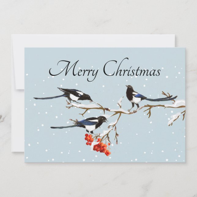 Carte Aquarelle Noël Holly Magpie Oiseau Nature Art (Devant)