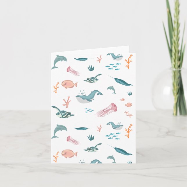 Carte Aquarelle Océan Motif d'animaux marins (Devant)