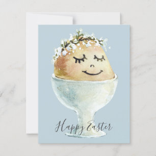Carte Aquarelle Oeuf souriant en Coupe Pâques