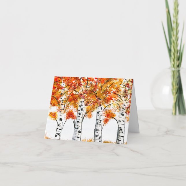 Carte Aquarelle Oiseaux Arbres Automne Orange Feuille (Devant)