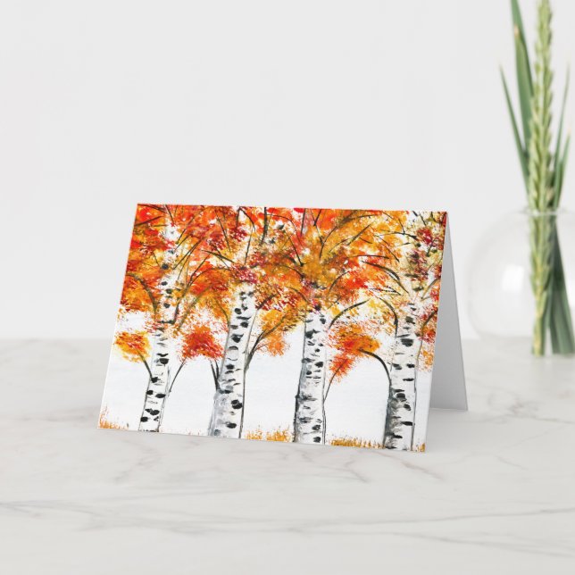 Carte Aquarelle Oiseaux Arbres Automne Orange Feuille (Devant)