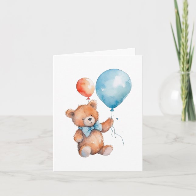 Carte Aquarelle Orange et Ballons Bleus Ours Brown Teddy (Devant)