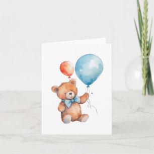Carte Aquarelle Orange et Ballons Bleus Ours Brown Teddy
