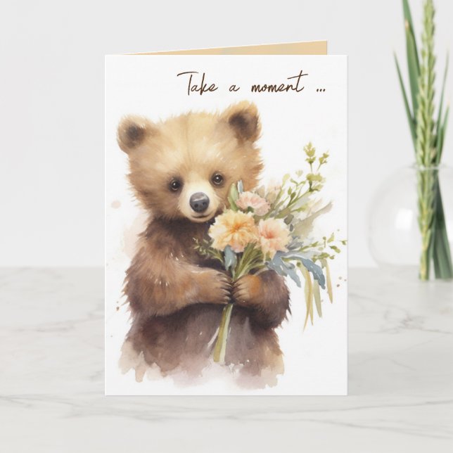 Carte Aquarelle Ours Brown Avec Bouquet Fleur (Devant)