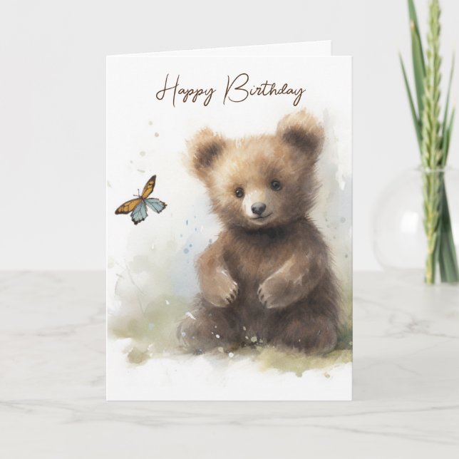 Carte Aquarelle Ours D'Anniversaire Avec Papillon (Devant)