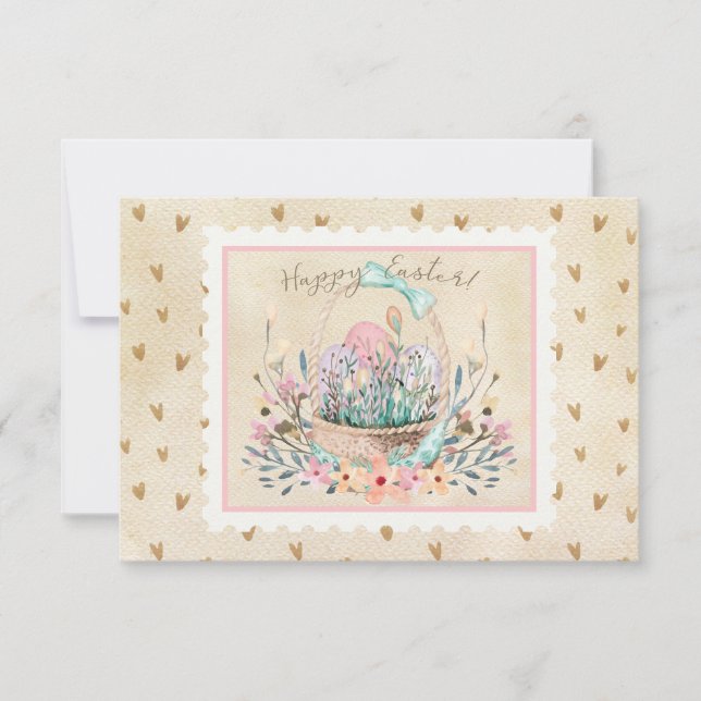 Carte Aquarelle Pâques Panier et lapin style timbre (Devant)