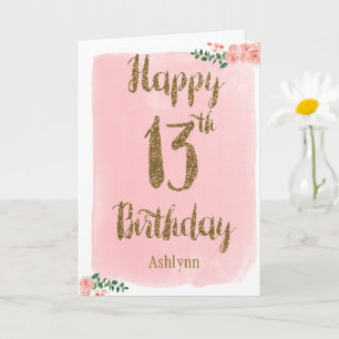 Carte Aquarelle Parties scintillant rose et or 13e anniv