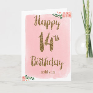 Carte Aquarelle Parties scintillant rose et or 14e anniv