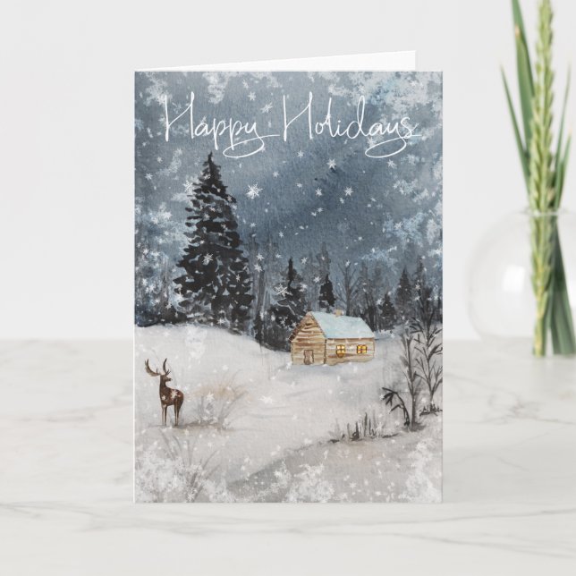 Carte Aquarelle paysage neige Cabine Joyeuses vacances (Devant)
