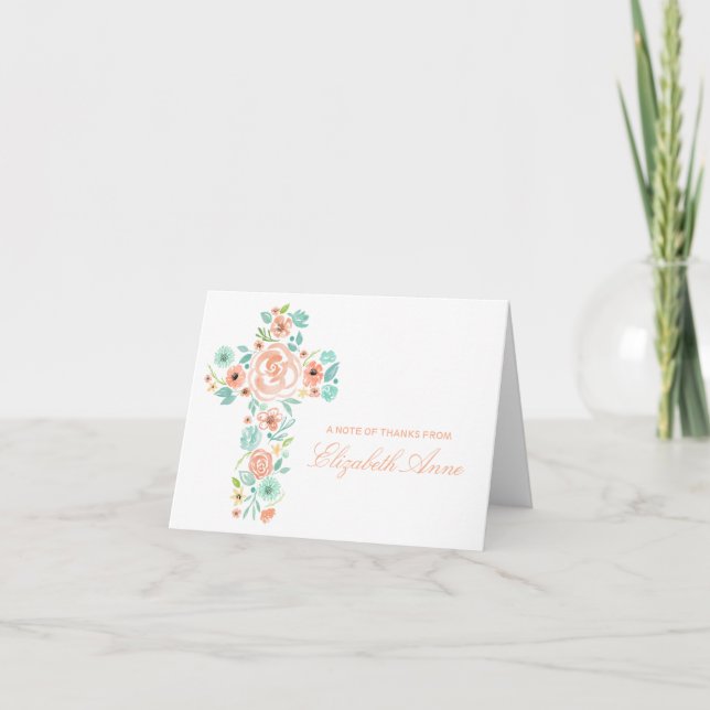 Carte Aquarelle Peach Mint Flower Cross Première communi (Devant)