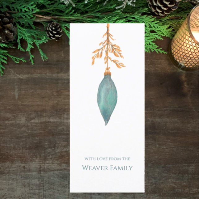 Carte Aquarelle peinte à la main simple Turquoise Noël (Hand painted watercolor turquoise botanical Christmas bauble card. Personalize simple modern script)