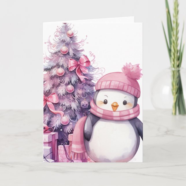 Carte Aquarelle Penguin et Arbre de Noël rose (Devant)