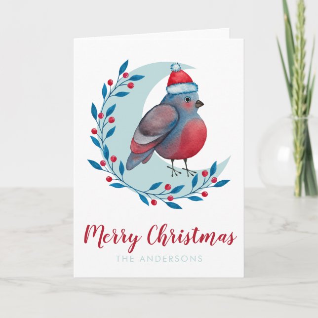 Carte Aquarelle personnalisée Oiseau de Noël sur la lune (Devant)