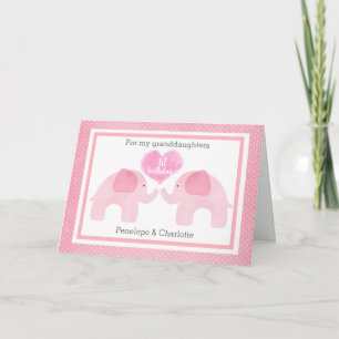 Carte Aquarelle Pink Elephant Twins 1er anniversaire