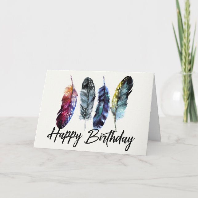 Carte Aquarelle Plumes Boho Joyeux anniversaire (Devant)
