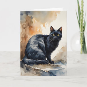 Carte Aquarelle Portrait de chat noir Blank Salutation
