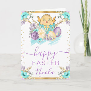 Carte Aquarelle Poussin et Fleurs Joyeuses Pâques