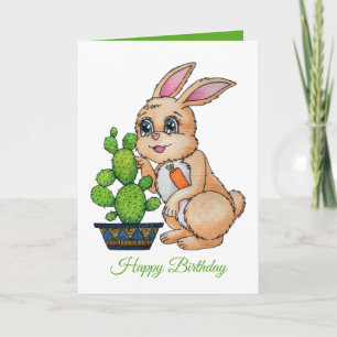 Carte Aquarelle Rabbit Et Cactus Mignons