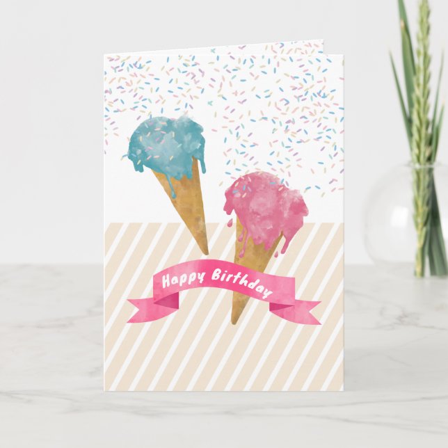 Carte Aquarelle rétro Crème de glace et arroses Annivers (Devant)