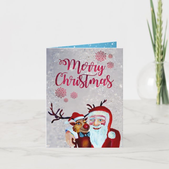 Carte Aquarelle rire Père Noël Rudolf Sourire (Devant)