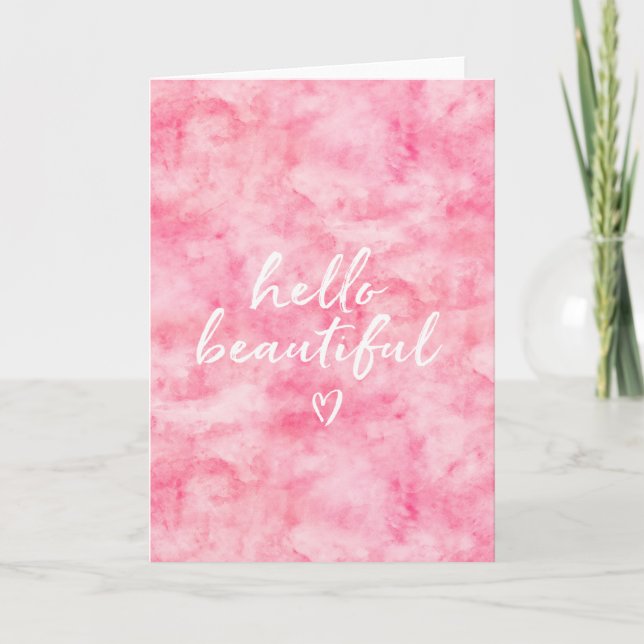 Carte Aquarelle rose Bonjour Beau Coeur (Devant)