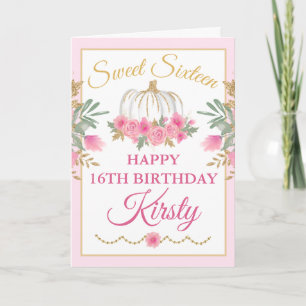 Carte Aquarelle rose Citrouille or doux 16 Anniversaire