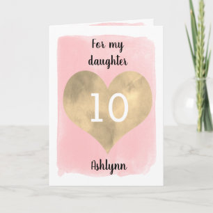 Carte Aquarelle rose et coeur or 10e anniversaire