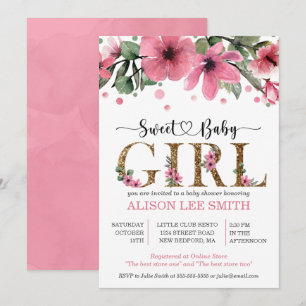 Carte Aquarelle rose et or baby shower fille
