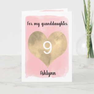 Carte Aquarelle rose et or Coeur 9e anniversaire