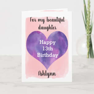 Carte Aquarelle rose et pourpre 13e anniversaire fille