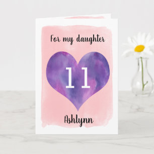 Carte Aquarelle rose et violet 11e anniversaire Fille