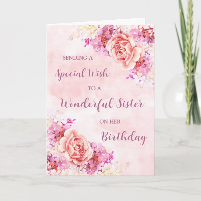 Carte Aquarelle rose Fleurs Soeur Anniversaire (Devant)