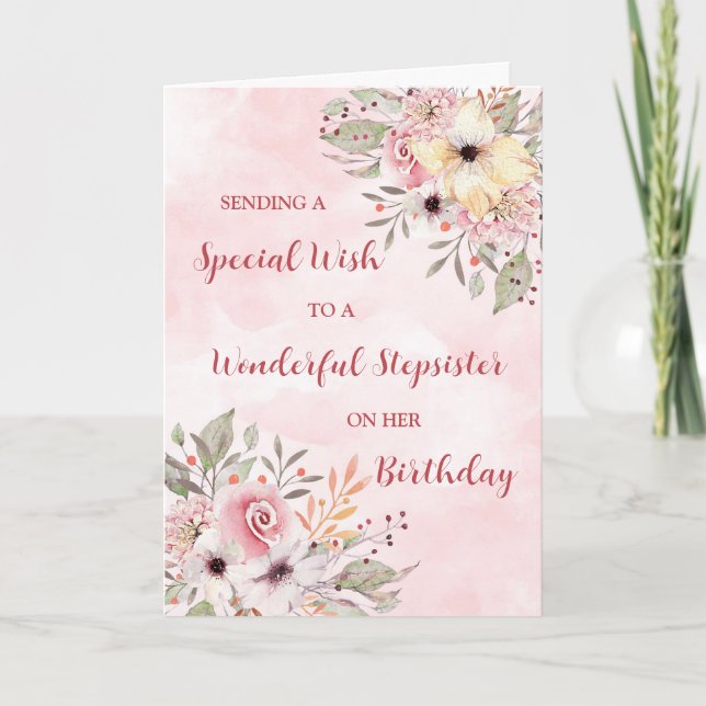 Carte Aquarelle rose Fleurs Stepsoeur Anniversaire (Devant)