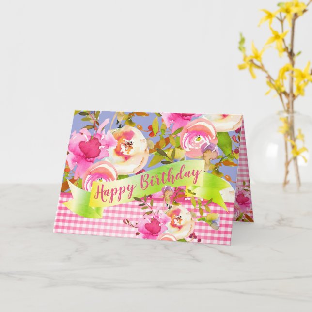 Carte Aquarelle rose Floral Joyeux Anniversaire avec mes (Fleur jaune)