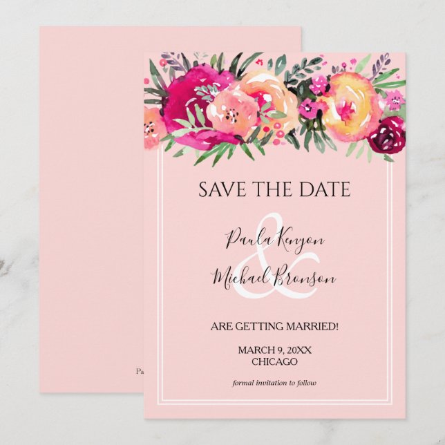 Carte Aquarelle rose Mariage (Devant / Derrière)