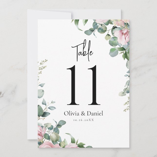 Carte Aquarelle rose Mariage floral Numéros de tableau (Devant)