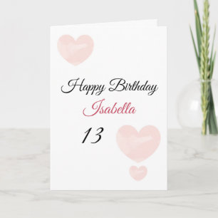 Carte Aquarelle rose mignonne Coeurs peints 13e annivers